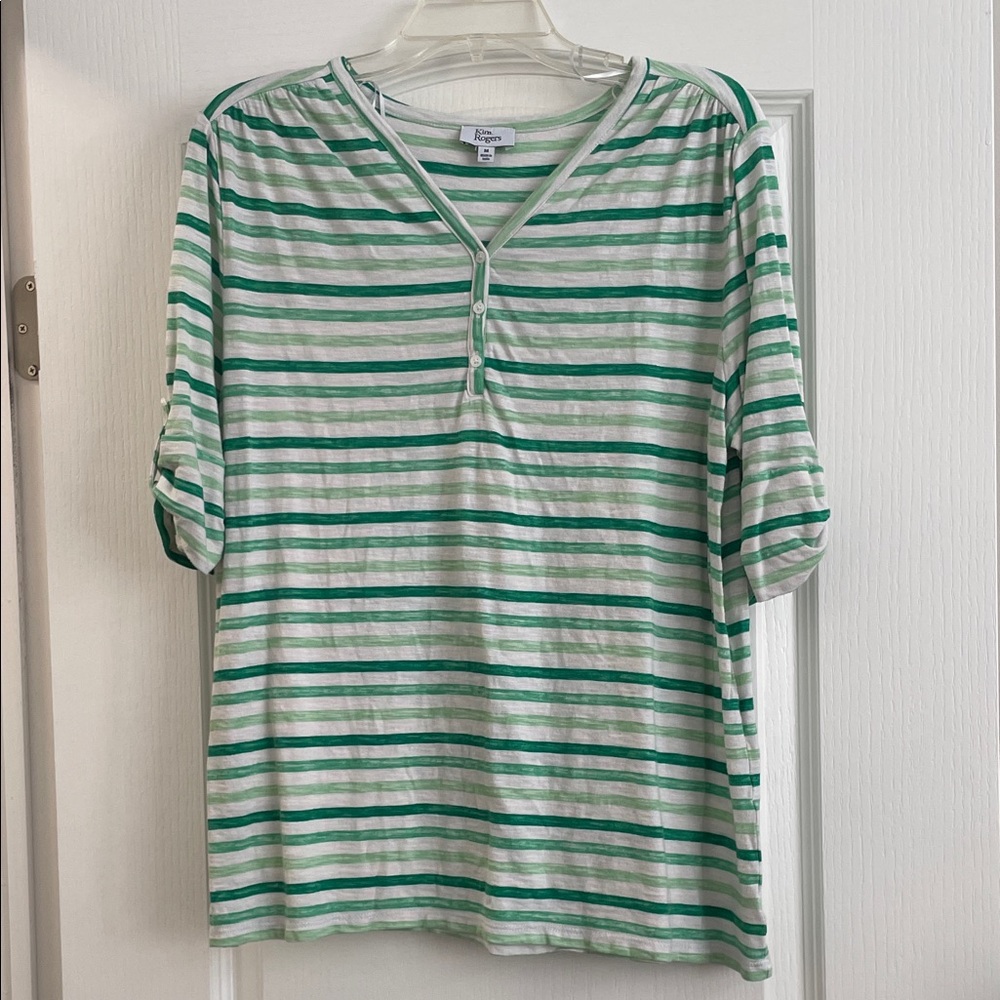 Kim Rogers Green and White Striped Henley Top